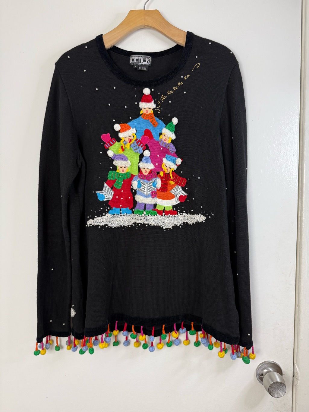 Berek Singing, Carolers And Pom Tassels Black Multicolor Christmas Sweater L